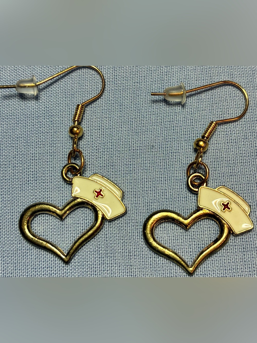 3 pairs of Gold Heart Nurse Hat Dangle Earrings - White & Gold